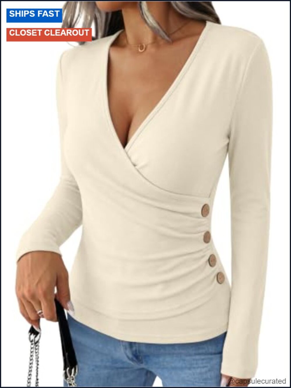 Women's Long Sleeve V-Neck Thermal Shirt Slim Fit Wrap Top Fleece Lined